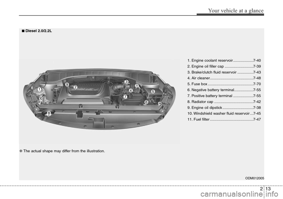 Hyundai Santa Fe 2013 Owners Guide 213
Your vehicle at a glance
ODM012005
1. Engine coolant reservoir ...................7-40
2. Engine oil filler cap ...........................7-39
3. Brake/clutch fluid reservoir ...............7-43
