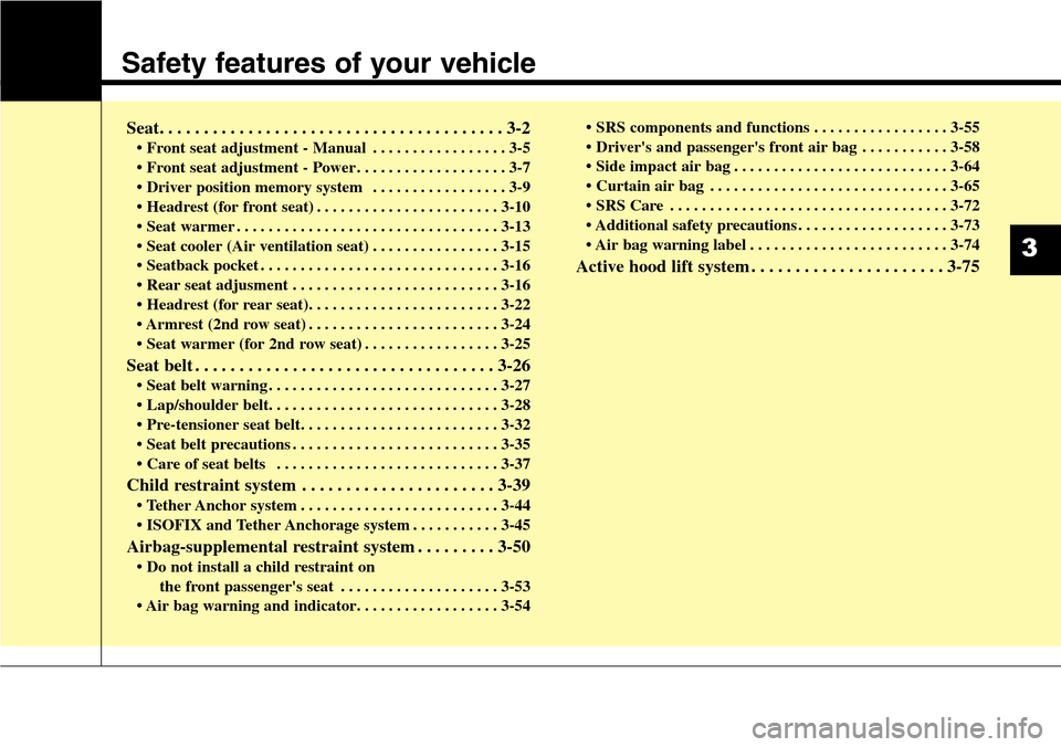 Hyundai Santa Fe 2013 Owners Guide Safety features of your vehicle
Seat. . . . . . . . . . . . . . . . . . . . . . . . . . . . . . . . . . . . . . . 3-2
• Front seat adjustment - Manual . . . . . . . . . . . . . . . . . 3-5
• Front Hyundai Santa Fe 2013 Owners Guide Safety features of your vehicle
Seat. . . . . . . . . . . . . . . . . . . . . . . . . . . . . . . . . . . . . . . 3-2
• Front seat adjustment - Manual . . . . . . . . . . . . . . . . . 3-5
• Front
