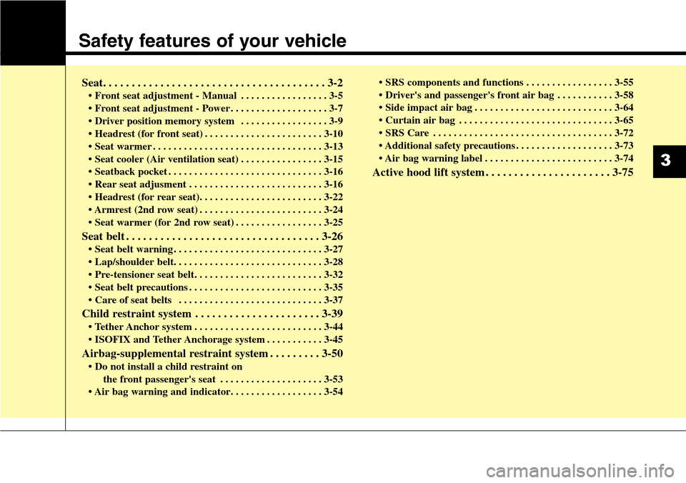 Hyundai Santa Fe 2013  Owners Manual Safety features of your vehicle
Seat. . . . . . . . . . . . . . . . . . . . . . . . . . . . . . . . . . . . . . . 3-2
• Front seat adjustment - Manual . . . . . . . . . . . . . . . . . 3-5
• Front