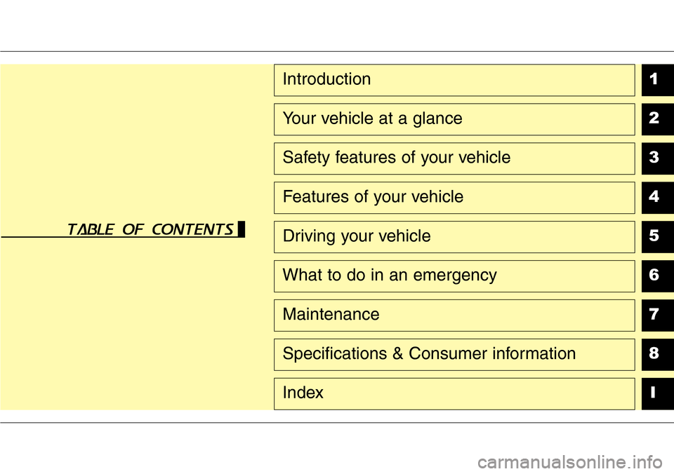 Hyundai Santa Fe 2013 Owners Manual 1
2
3
4
5
6
7
8
I
Introduction
Your vehicle at a glance
Safety features of your vehicle
Features of your vehicle
Driving your vehicle
What to do in an emergency
Maintenance
Specifications & Consumer i Hyundai Santa Fe 2013 Owners Manual 1
2
3
4
5
6
7
8
I
Introduction
Your vehicle at a glance
Safety features of your vehicle
Features of your vehicle
Driving your vehicle
What to do in an emergency
Maintenance
Specifications & Consumer i