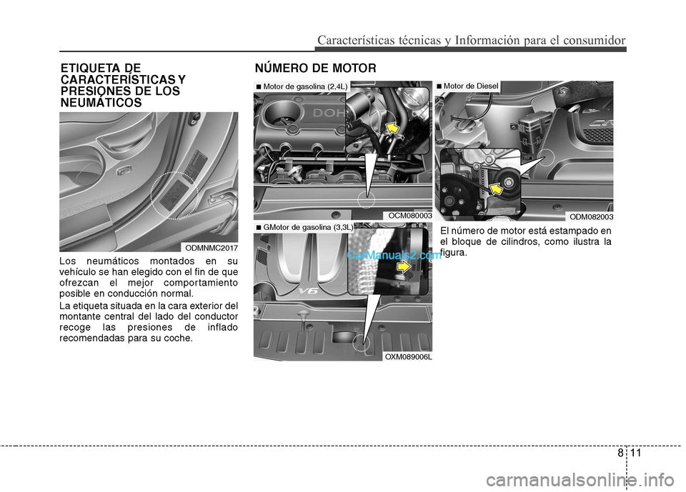 Hyundai Santa Fe 2013  Manual del propietario (in Spanish) 811
Características técnicas y Información para el consumidor
Los neumáticos montados en su 
vehículo se han elegido con el fin de que
ofrezcan el mejor comportamiento
posible en conducción norm