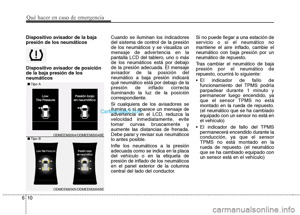 Hyundai Santa Fe 2013 Manual del propietario (in Spanish) Qué hacer en caso de emergencia
10
6
Dispositivo avisador de la baja presión de los neumáticos
Dispositivo avisador de posición de la baja presión de losneumáticos Cuando se iluminan los indica Hyundai Santa Fe 2013 Manual del propietario (in Spanish) Qué hacer en caso de emergencia
10
6
Dispositivo avisador de la baja presión de los neumáticos
Dispositivo avisador de posición de la baja presión de losneumáticos Cuando se iluminan los indica