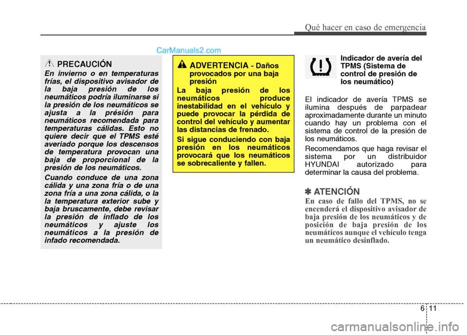 Hyundai Santa Fe 2013 Manual del propietario (in Spanish) 611
Qué hacer en caso de emergencia
Indicador de avería del TPMS (Sistema de
control de presión delos neumático)
El indicador de avería TPMS se
ilumina después de parpadear
aproximadamente duran Hyundai Santa Fe 2013 Manual del propietario (in Spanish) 611
Qué hacer en caso de emergencia
Indicador de avería del TPMS (Sistema de
control de presión delos neumático)
El indicador de avería TPMS se
ilumina después de parpadear
aproximadamente duran