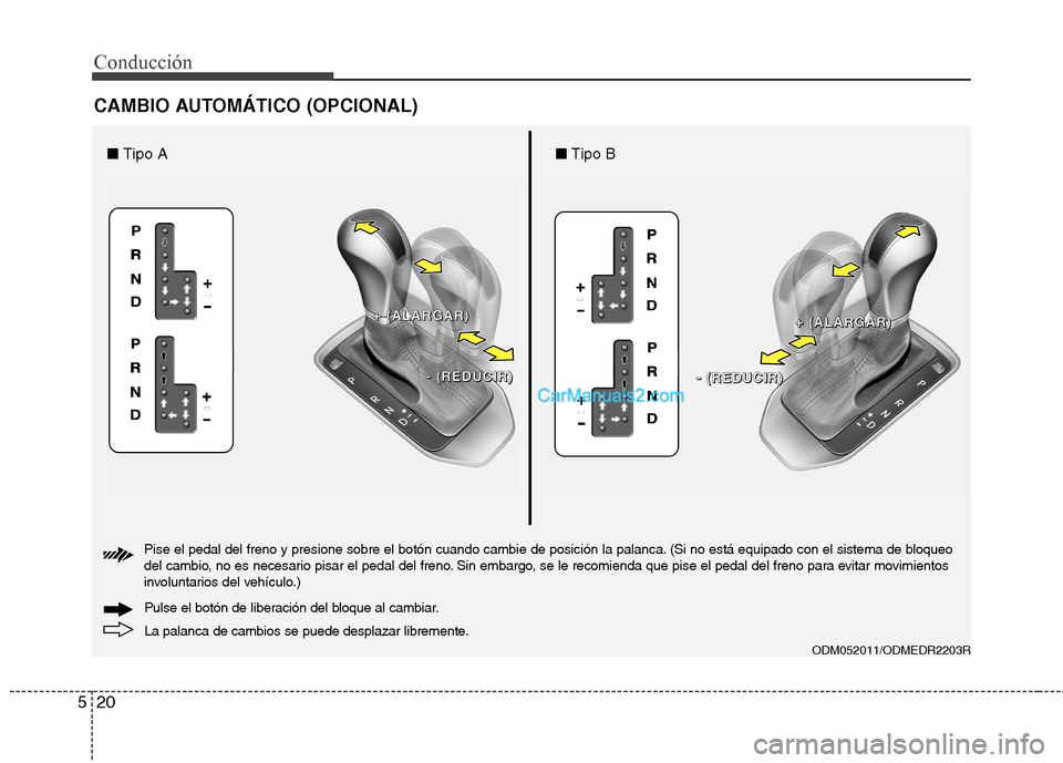 Hyundai Santa Fe 2013 Manual del propietario (in Spanish) Conducción
20
5
CAMBIO AUTOMÁTICO (OPCIONAL)
ODM052011/ODMEDR2203R
La palanca de cambios se puede desplazar libremente.
Pulse el botón de liberación del bloque al cambiar.
Pise el pedal del freno Hyundai Santa Fe 2013 Manual del propietario (in Spanish) Conducción
20
5
CAMBIO AUTOMÁTICO (OPCIONAL)
ODM052011/ODMEDR2203R
La palanca de cambios se puede desplazar libremente.
Pulse el botón de liberación del bloque al cambiar.
Pise el pedal del freno