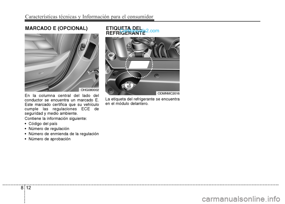 Hyundai Santa Fe 2013  Manual del propietario (in Spanish) En la columna central del lado del 
conductor se encuentra un marcado E.
Este marcado certifica que su vehículocumple las regulaciones ECE de
seguridad y medio ambiente. 
Contiene la información sig Hyundai Santa Fe 2013  Manual del propietario (in Spanish) En la columna central del lado del 
conductor se encuentra un marcado E.
Este marcado certifica que su vehículocumple las regulaciones ECE de
seguridad y medio ambiente. 
Contiene la información sig