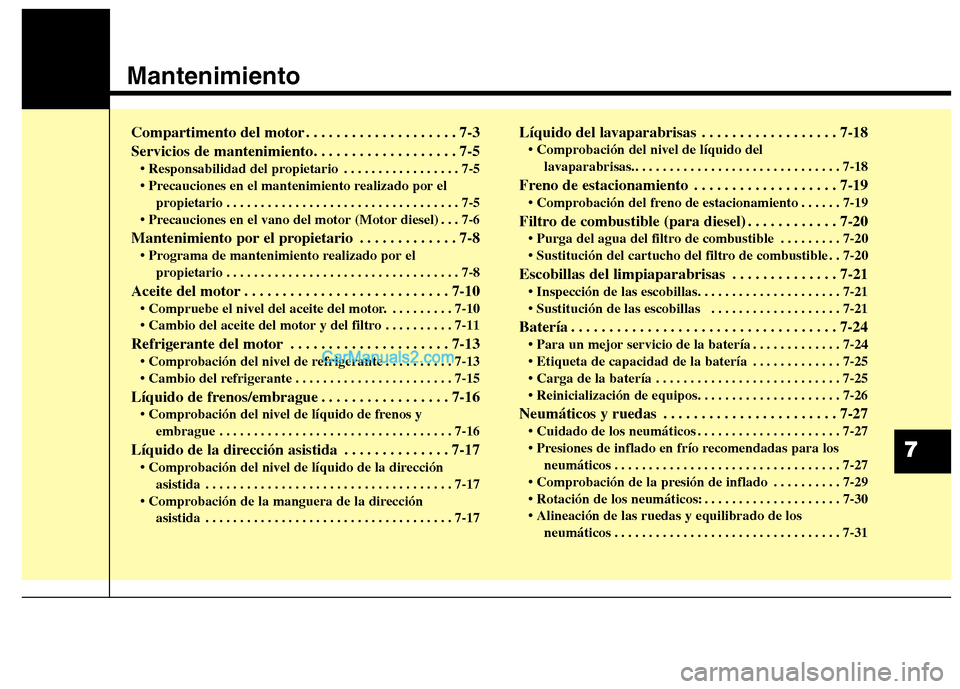 Hyundai Santa Fe 2013  Manual del propietario (in Spanish) Mantenimiento
7
Compartimento del motor . . . . . . . . . . . . . . . . . . . . 7-3 
Servicios de mantenimiento. . . . . . . . . . . . . . . . . . . 7-5• Responsabilidad del propietario . . . . . . 