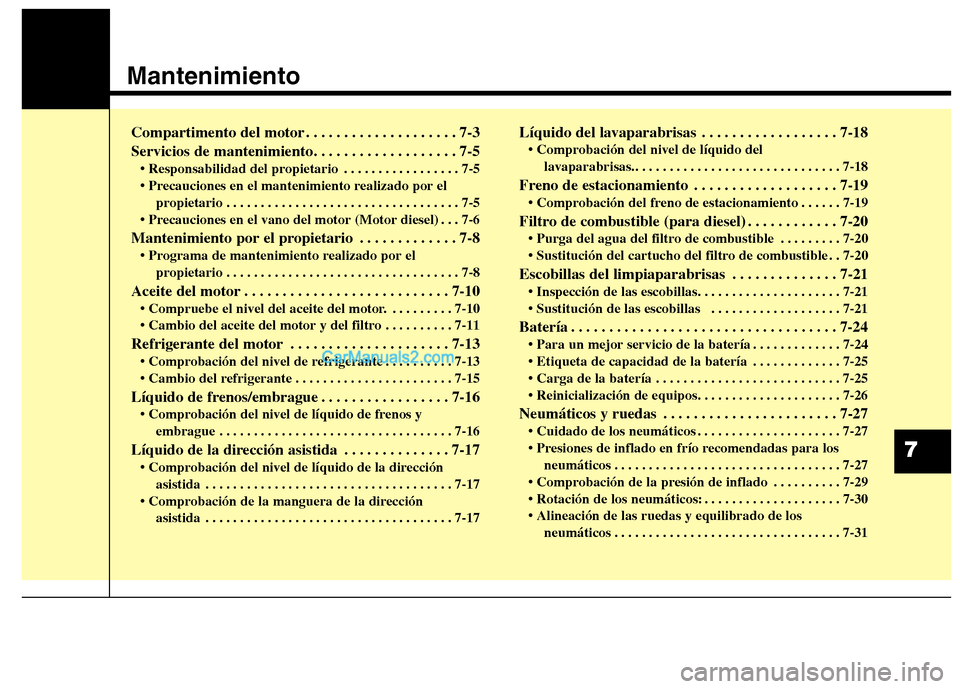 Hyundai Santa Fe 2013  Manual del propietario (in Spanish) Mantenimiento
7
Compartimento del motor . . . . . . . . . . . . . . . . . . . . 7-3 
Servicios de mantenimiento. . . . . . . . . . . . . . . . . . . 7-5• Responsabilidad del propietario . . . . . .  Hyundai Santa Fe 2013  Manual del propietario (in Spanish) Mantenimiento
7
Compartimento del motor . . . . . . . . . . . . . . . . . . . . 7-3 
Servicios de mantenimiento. . . . . . . . . . . . . . . . . . . 7-5• Responsabilidad del propietario . . . . . .