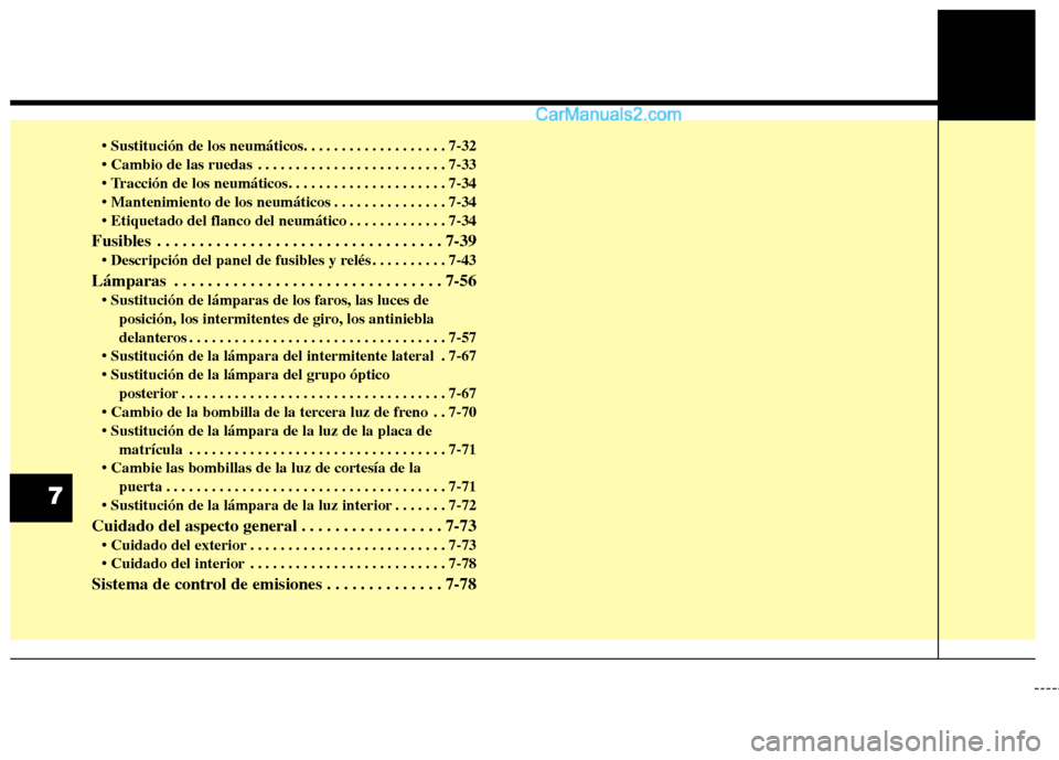 Hyundai Santa Fe 2013  Manual del propietario (in Spanish)  
 . . . . . . . . . . . . . . . . . . . . . . . . . 7-33

 . . . . . . . . . . . . . . . 7-34
 . . . . . . . . . . . . . 7-34
Fusibles . . . . . . . . . . . . . . . . . . . . . . . . . . . . . . . . 