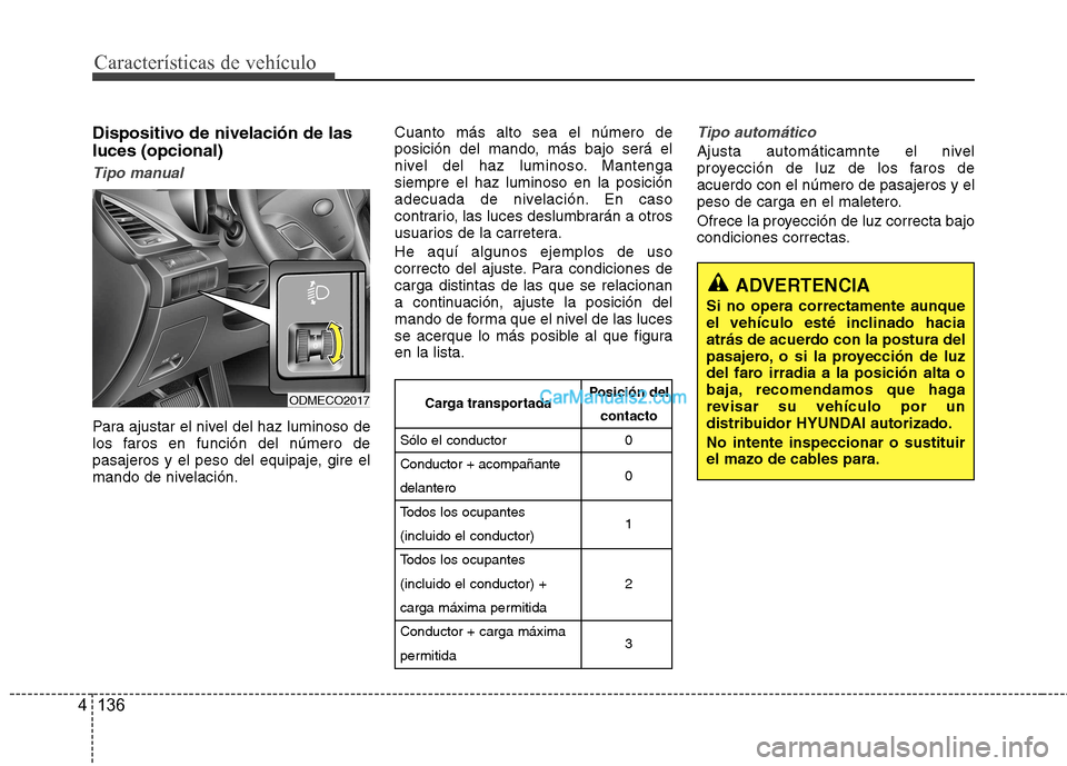 Hyundai Santa Fe 2013 Manual del propietario (in Spanish) Características de vehículo
136
4
Dispositivo de nivelación de las luces (opcional)
Tipo manual
Para ajustar el nivel del haz luminoso de
los faros en función del número de
pasajeros y el peso d Hyundai Santa Fe 2013 Manual del propietario (in Spanish) Características de vehículo
136
4
Dispositivo de nivelación de las luces (opcional)
Tipo manual
Para ajustar el nivel del haz luminoso de
los faros en función del número de
pasajeros y el peso d