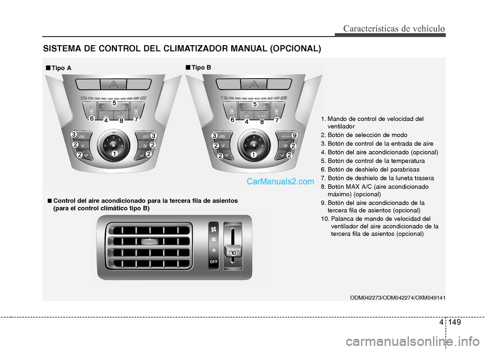 Hyundai Santa Fe 2013  Manual del propietario (in Spanish) 4 149
Características de vehículo
SISTEMA DE CONTROL DEL CLIMATIZADOR MANUAL (OPCIONAL)
ODM042273/ODM042274/OXM049141 
■■Tipo A ■■
Tipo B
■■ Control del aire acondicionado para la tercer