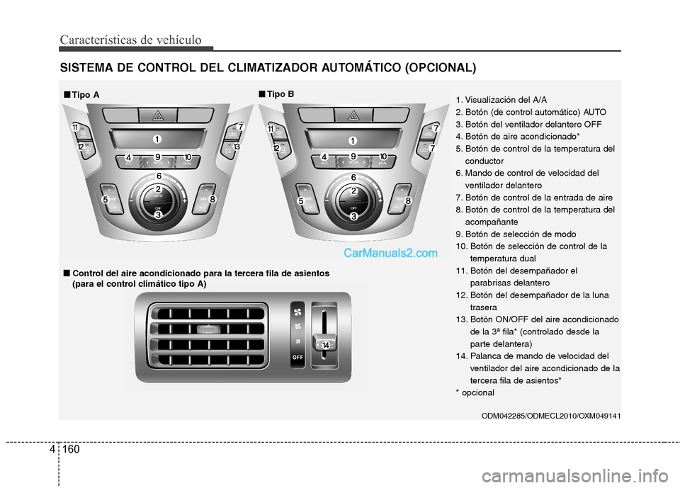 Hyundai Santa Fe 2013 Manual del propietario (in Spanish) Características de vehículo
160
4
SISTEMA DE CONTROL DEL CLIMATIZADOR AUTOMÁTICO (OPCIONAL)
ODM042285/ODMECL2010/OXM049141
■■
Tipo A ■■
Tipo B
■
■ Control del aire acondicionado para l Hyundai Santa Fe 2013 Manual del propietario (in Spanish) Características de vehículo
160
4
SISTEMA DE CONTROL DEL CLIMATIZADOR AUTOMÁTICO (OPCIONAL)
ODM042285/ODMECL2010/OXM049141
■■
Tipo A ■■
Tipo B
■
■ Control del aire acondicionado para l