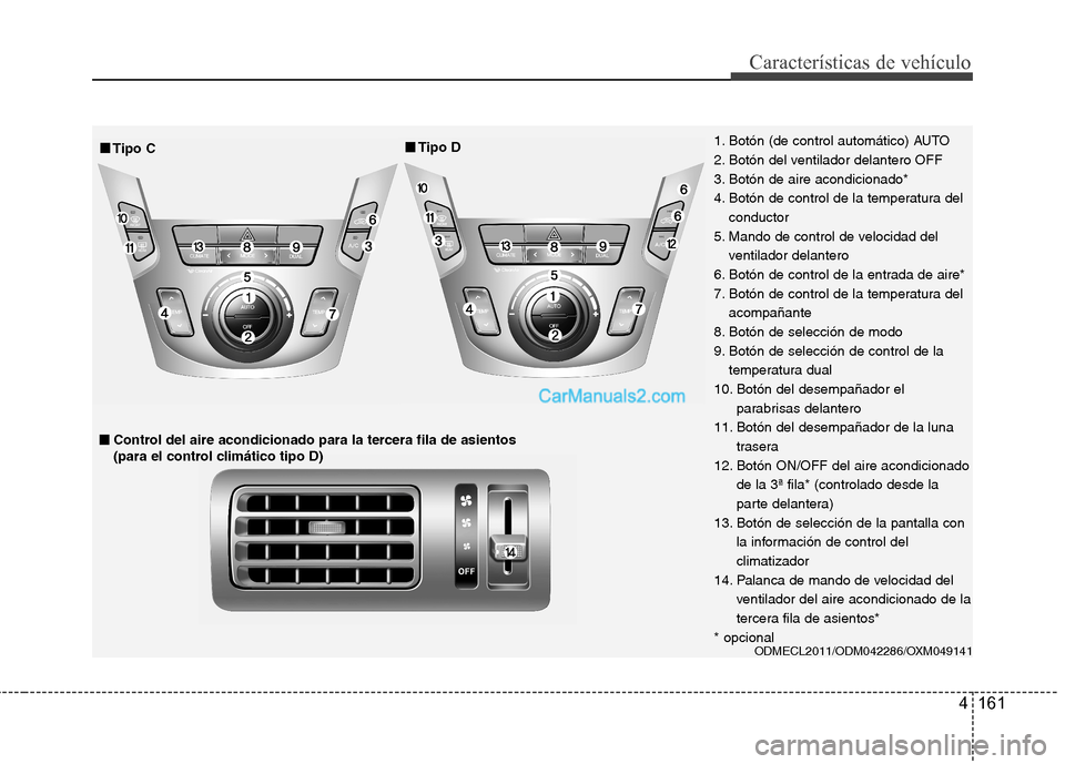 Hyundai Santa Fe 2013 Manual del propietario (in Spanish) 4 161
Características de vehículo
ODMECL2011/ODM042286/OXM049141
■■Tipo D
■
■ Control del aire acondicionado para la tercera fila de asientos
(para el control climático tipo D)
■
■
T Hyundai Santa Fe 2013 Manual del propietario (in Spanish) 4 161
Características de vehículo
ODMECL2011/ODM042286/OXM049141
■■Tipo D
■
■ Control del aire acondicionado para la tercera fila de asientos
(para el control climático tipo D)
■
■
T