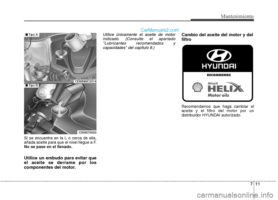 Hyundai Santa Fe 2013 Manual del propietario (in Spanish) 711
Mantenimiento
Si se encuentra en la L o cerca de ella,
añada aceite para que el nivel llegue a F.No se pase en el llenado.
Utilice un embudo para evitar que el aceite se derrame por los
compone Hyundai Santa Fe 2013 Manual del propietario (in Spanish) 711
Mantenimiento
Si se encuentra en la L o cerca de ella,
añada aceite para que el nivel llegue a F.No se pase en el llenado.
Utilice un embudo para evitar que el aceite se derrame por los
compone