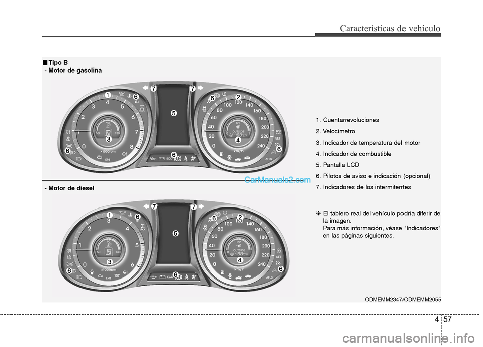 Hyundai Santa Fe 2013  Manual del propietario (in Spanish) 457
Características de vehículo
ODMEMM2347/ODMEMM2055
■■Tipo B
- Motor de gasolina
- Motor de diesel
1. Cuentarrevoluciones 
2. Velocímetro
3. Indicador de temperatura del motor
4. Indicador de Hyundai Santa Fe 2013  Manual del propietario (in Spanish) 457
Características de vehículo
ODMEMM2347/ODMEMM2055
■■Tipo B
- Motor de gasolina
- Motor de diesel
1. Cuentarrevoluciones 
2. Velocímetro
3. Indicador de temperatura del motor
4. Indicador de
