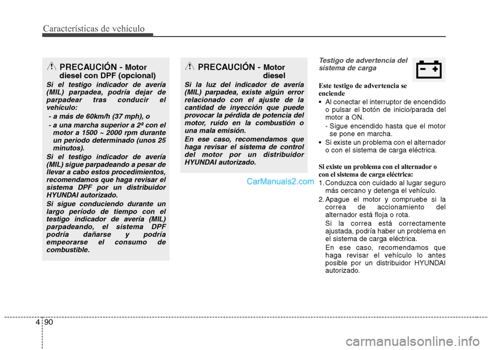 Hyundai Santa Fe 2013  Manual del propietario (in Spanish) Características de vehículo
90
4
Testigo de advertencia del
sistema de carga
Este testigo de advertencia se enciende 
 Al conectar el interruptor de encendido o pulsar el botón de inicio/parada del