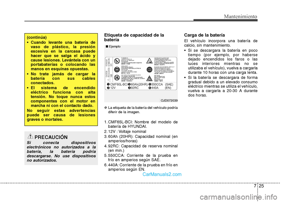 Hyundai Santa Fe 2013  Manual del propietario (in Spanish) 725
Mantenimiento
Etiqueta de capacidad de la batería ❈La etiqueta de la batería del vehículo podría 
diferir de la imagen.
1. CMF65L-BCI: Nombre del modelo de batería de HYUNDAI.
2. 12V : Volt