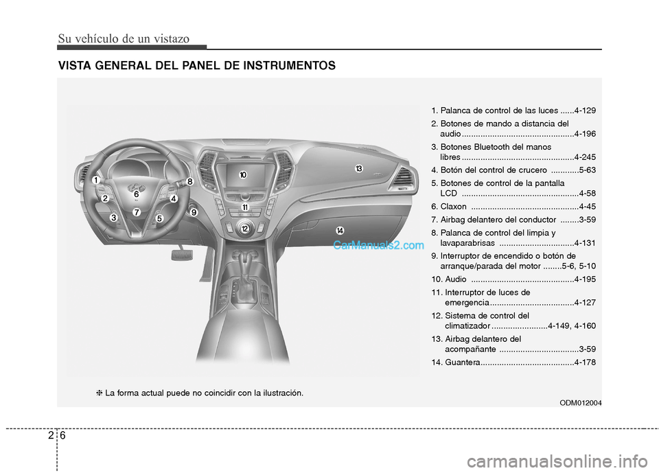 Hyundai Santa Fe 2013 Manual del propietario (in Spanish) Su vehículo de un vistazo
6
2
VISTA GENERAL DEL PANEL DE INSTRUMENTOS
1. Palanca de control de las luces ......4-129
2. Botones de mando a distancia del
audio ...................................... Hyundai Santa Fe 2013 Manual del propietario (in Spanish) Su vehículo de un vistazo
6
2
VISTA GENERAL DEL PANEL DE INSTRUMENTOS
1. Palanca de control de las luces ......4-129
2. Botones de mando a distancia del
audio ......................................