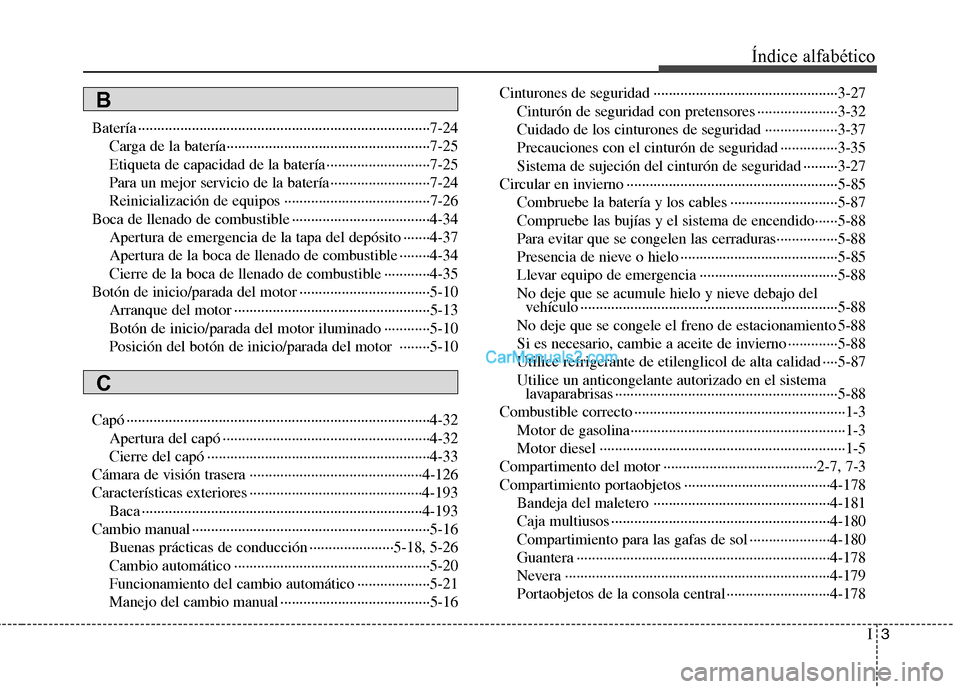 Hyundai Santa Fe 2013 Manual del propietario (in Spanish) I3
Índice alfabético
Batería ············································································7-24
Carga de la Hyundai Santa Fe 2013 Manual del propietario (in Spanish) I3
Índice alfabético
Batería ············································································7-24
Carga de la