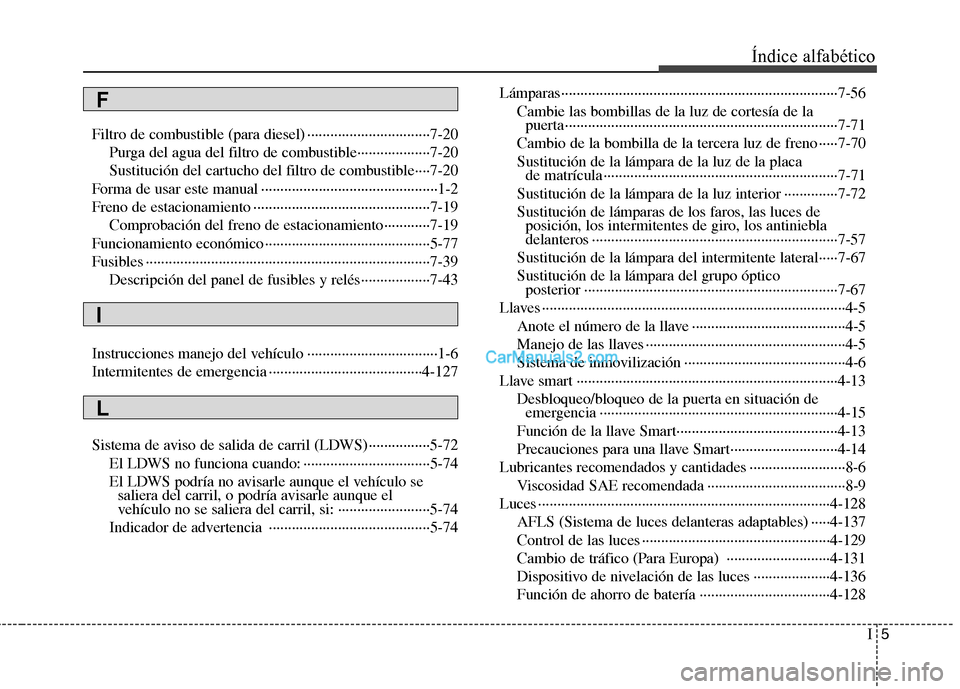 Hyundai Santa Fe 2013 Manual del propietario (in Spanish) I5
Índice alfabético
Filtro de combustible (para diesel) ································7-20
Purga del agua del filtro de combustible················ Hyundai Santa Fe 2013 Manual del propietario (in Spanish) I5
Índice alfabético
Filtro de combustible (para diesel) ································7-20
Purga del agua del filtro de combustible················
