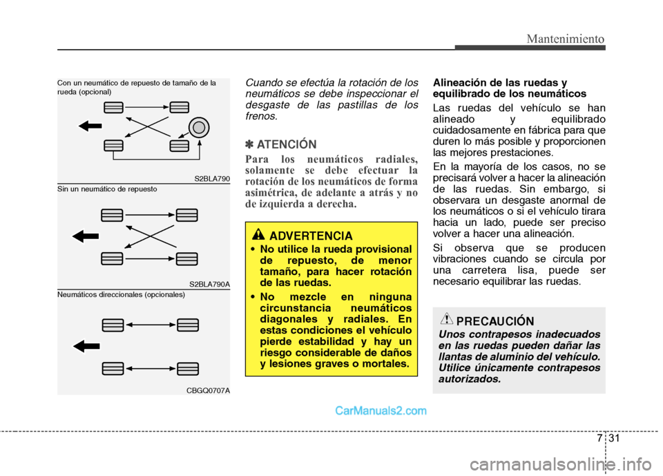 Hyundai Santa Fe 2013  Manual del propietario (in Spanish) 731
Mantenimiento
Cuando se efectúa la rotación de losneumáticos se debe inspeccionar eldesgaste de las pastillas de los frenos.
✽✽   
ATENCIÓN
Para los neumáticos radiales, 
solamente se deb