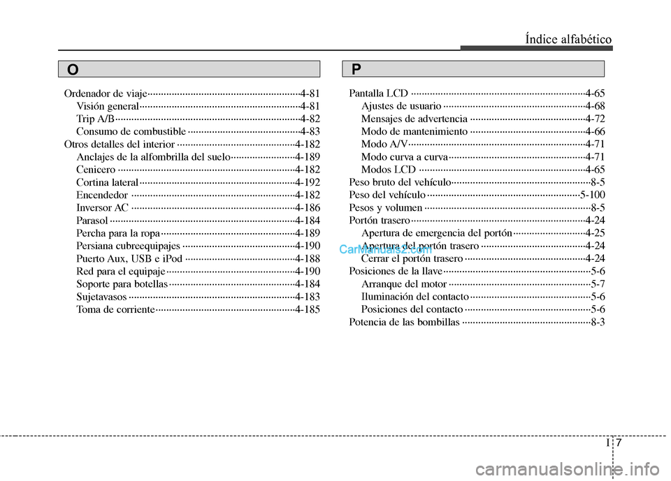 Hyundai Santa Fe 2013 Manual del propietario (in Spanish) I7
Índice alfabético
Ordenador de viaje·························································4-81
Visión general············ Hyundai Santa Fe 2013 Manual del propietario (in Spanish) I7
Índice alfabético
Ordenador de viaje·························································4-81
Visión general············