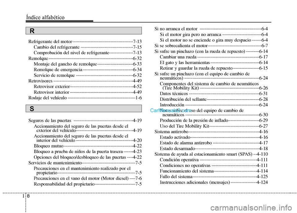 Hyundai Santa Fe 2013  Manual del propietario (in Spanish) Índice alfabético
8
I
Refrigerante del motor ···················································7-13
Cambio del refrigerante ···········