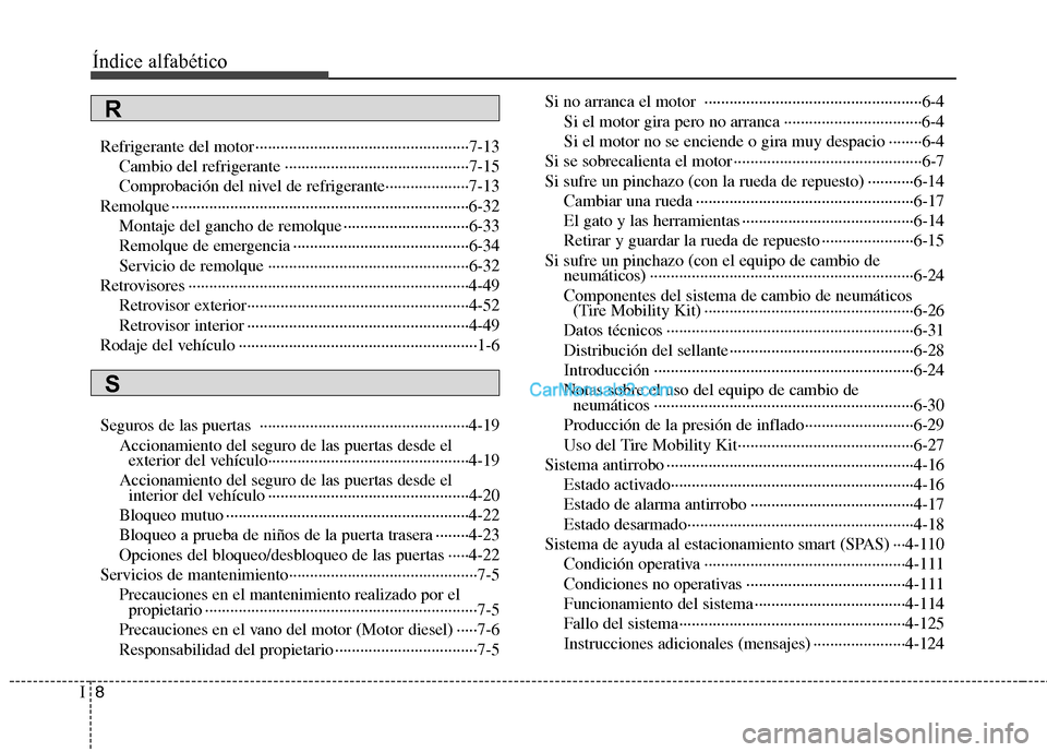Hyundai Santa Fe 2013 Manual del propietario (in Spanish) Índice alfabético
8
I
Refrigerante del motor ···················································7-13
Cambio del refrigerante ··········· Hyundai Santa Fe 2013 Manual del propietario (in Spanish) Índice alfabético
8
I
Refrigerante del motor ···················································7-13
Cambio del refrigerante ···········