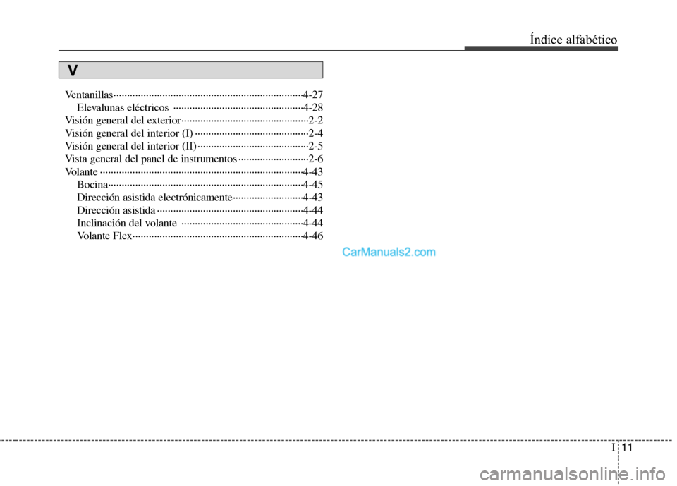 Hyundai Santa Fe 2013 Manual del propietario (in Spanish) I11
Índice alfabético
Ventanillas······································································4-27
Elevalunas eléctric Hyundai Santa Fe 2013 Manual del propietario (in Spanish) I11
Índice alfabético
Ventanillas······································································4-27
Elevalunas eléctric