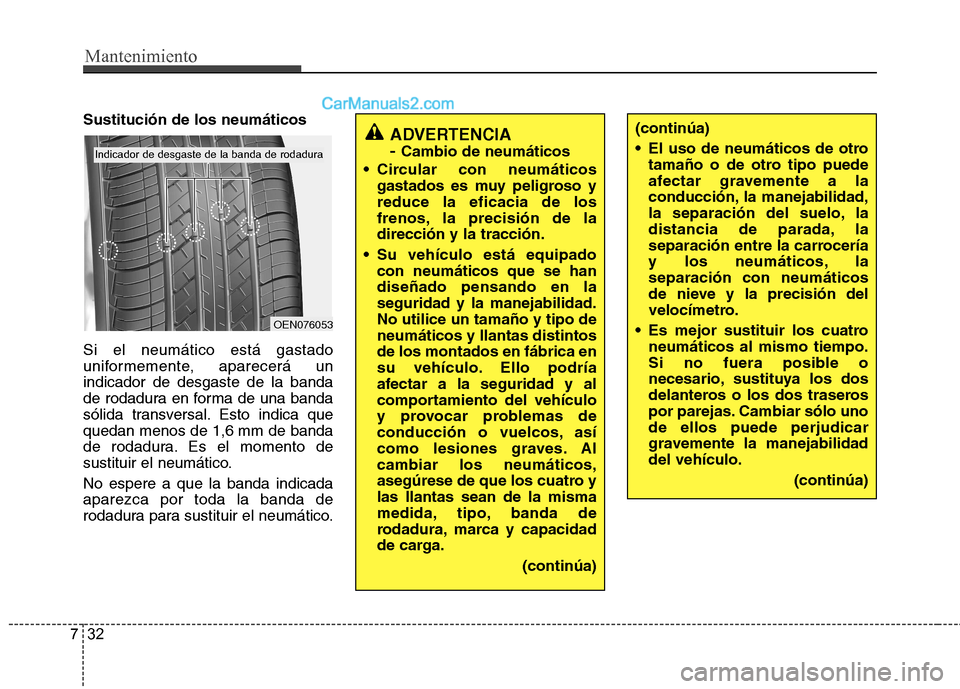 Hyundai Santa Fe 2013  Manual del propietario (in Spanish) Mantenimiento
32
7
Sustitución de los neumáticos Si el neumático está gastado 
uniformemente, aparecerá unindicador de desgaste de la banda
de rodadura en forma de una banda
sólida transversal. 