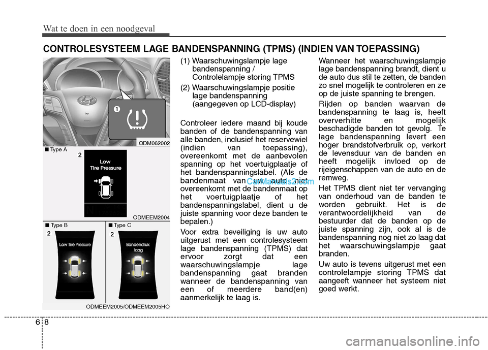 Hyundai Santa Fe 2013 Manual del propietario (in Spanish) Wat te doen in een noodgeval
8
6
CONTROLESYSTEEM LAGE BANDENSPANNING (TPMS) (INDIEN VAN TOEPASSING)
(1) Waarschuwingslampje lagebandenspanning /
Controlelampje storing TPMS
(2) Waarschuwingslampje po Hyundai Santa Fe 2013 Manual del propietario (in Spanish) Wat te doen in een noodgeval
8
6
CONTROLESYSTEEM LAGE BANDENSPANNING (TPMS) (INDIEN VAN TOEPASSING)
(1) Waarschuwingslampje lagebandenspanning /
Controlelampje storing TPMS
(2) Waarschuwingslampje po