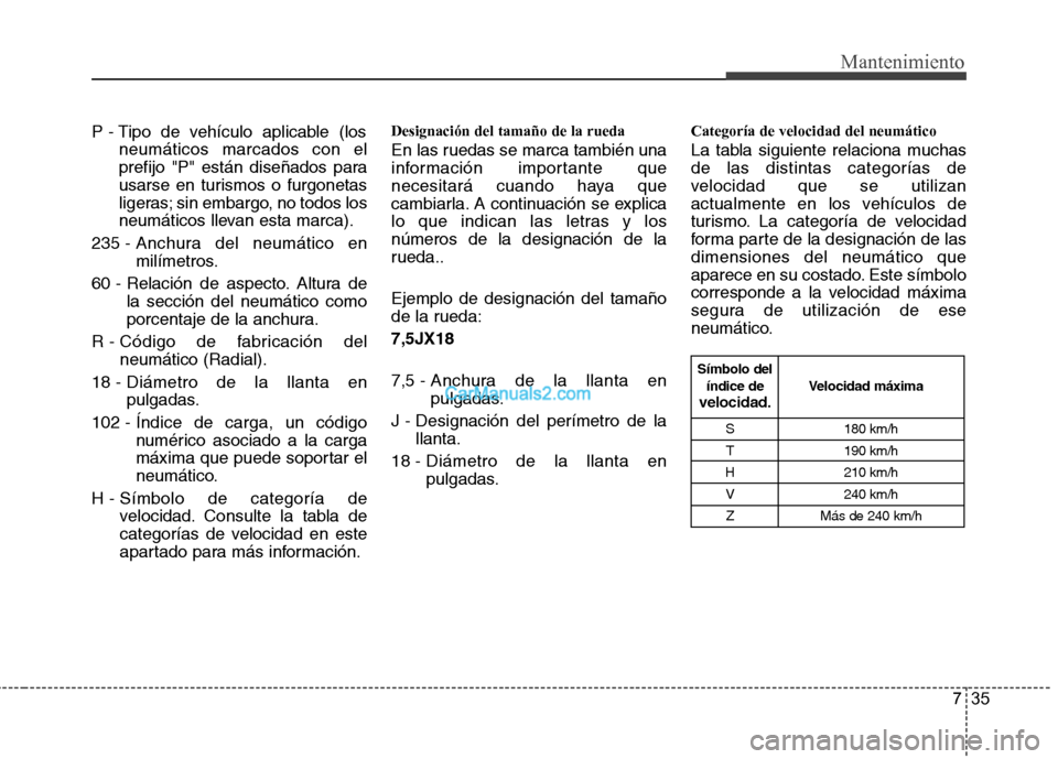Hyundai Santa Fe 2013  Manual del propietario (in Spanish) 735
Mantenimiento
S 180 km/hT 190 km/h
H 210 km/h V 240 km/h  Z Más de 240 km/h
Velocidad máxima
Símbolo del
índice de
velocidad.
P - Tipo de vehículo aplicable (los
neumáticos marcados con el 

