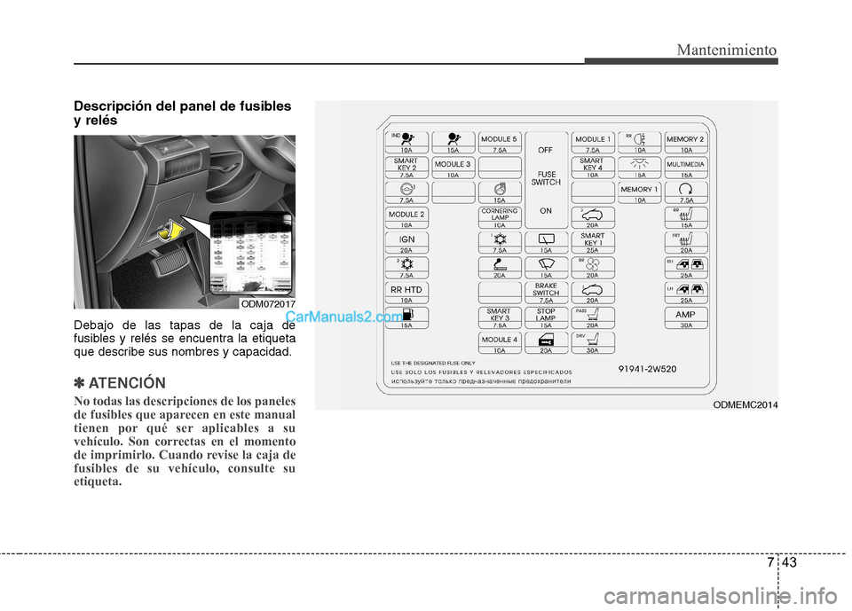 Hyundai Santa Fe 2013  Manual del propietario (in Spanish) 743
Mantenimiento
Descripción del panel de fusibles y relés Debajo de las tapas de la caja de 
fusibles y relés se encuentra la etiqueta
que describe sus nombres y capacidad.
✽✽  
ATENCIÓN
No 