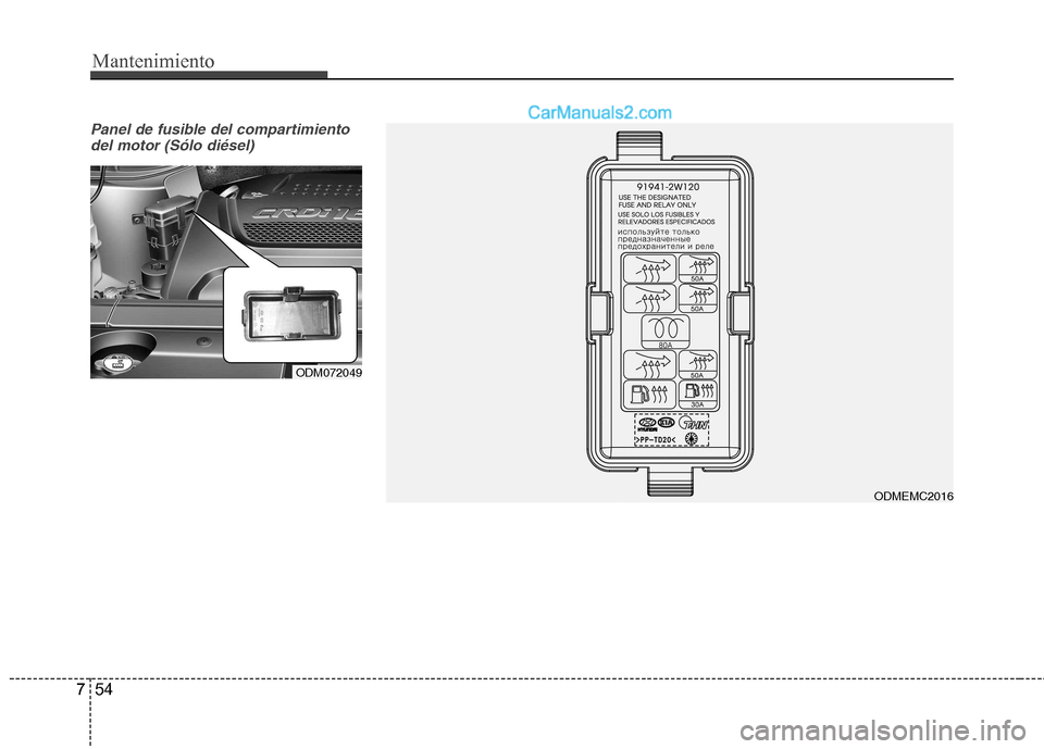 Hyundai Santa Fe 2013  Manual del propietario (in Spanish) Mantenimiento
54
7
Panel de fusible del compartimiento
del motor (Sólo diésel)
ODM072049
ODMEMC2016    