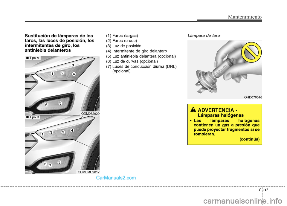 Hyundai Santa Fe 2013  Manual del propietario (in Spanish) 757
Mantenimiento
Sustitución de lámparas de los 
faros, las luces de posición, los
intermitentes de giro, los
antiniebla delanteros(1) Faros (largas) 
(2) Faros (cruce)(3) Luz de posición
(4) Int