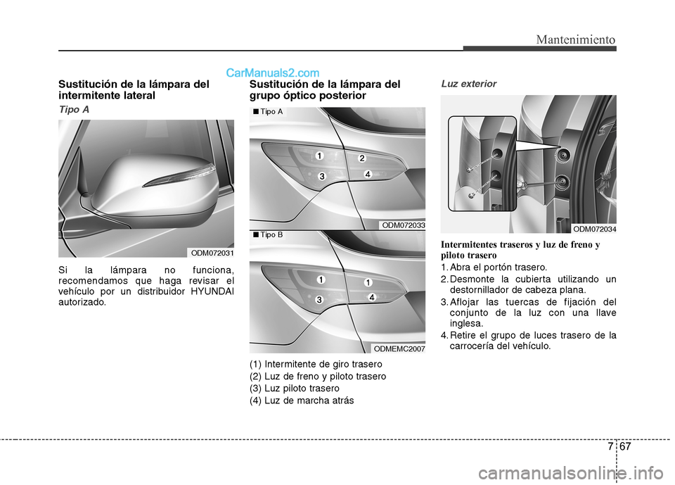 Hyundai Santa Fe 2013 Manual del propietario (in Spanish) 767
Mantenimiento
Sustitución de la lámpara del intermitente lateral
Tipo A
Si la lámpara no funciona,
recomendamos que haga revisar el
vehículo por un distribuidor HYUNDAI
autorizado.Sustitució Hyundai Santa Fe 2013 Manual del propietario (in Spanish) 767
Mantenimiento
Sustitución de la lámpara del intermitente lateral
Tipo A
Si la lámpara no funciona,
recomendamos que haga revisar el
vehículo por un distribuidor HYUNDAI
autorizado.Sustitució