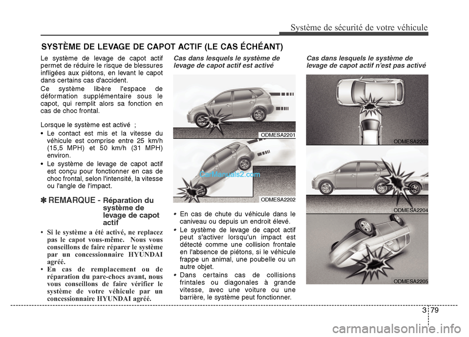 Hyundai Santa Fe 2013  Manuel du propriétaire (in French) 379
Système de sécurité de votre véhicule 
Le système de levage de capot actif
permet de réduire le risque de blessures
infligées aux piétons, en levant le capot
dans certains cas daccident.
