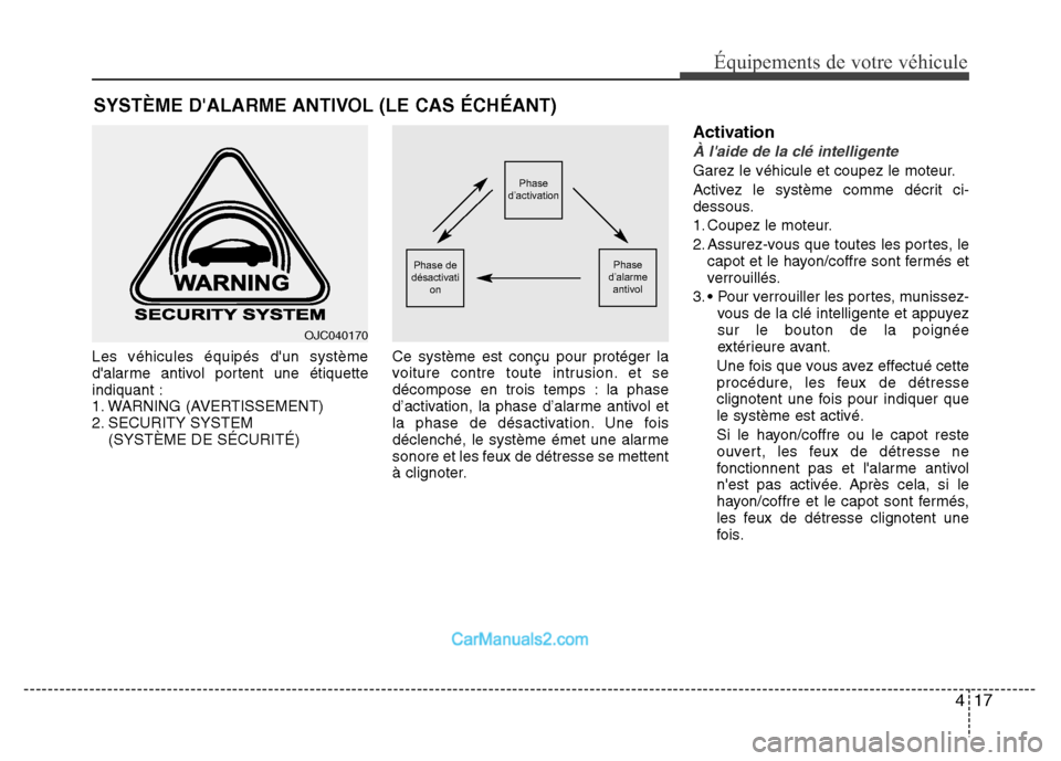 Hyundai Santa Fe 2013  Manuel du propriétaire (in French) 417
Équipements de votre véhicule
Les véhicules équipés dun système
dalarme antivol portent une étiquette
indiquant :
1. WARNING (AVERTISSEMENT)
2. SECURITY SYSTEM 
(SYSTÈME DE SÉCURITÉ)Ce