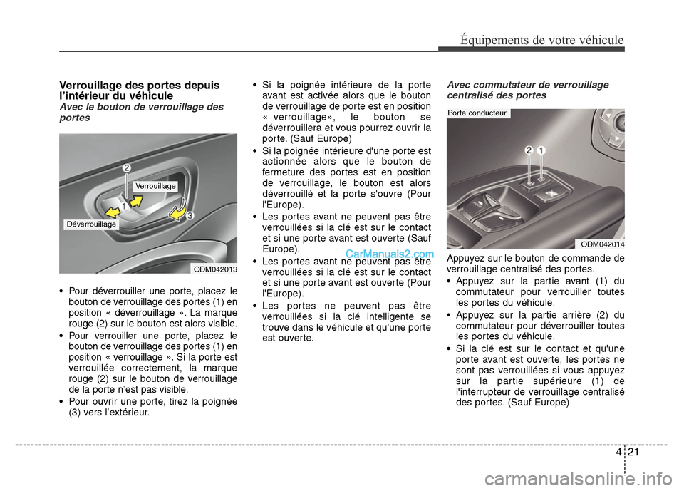 Hyundai Santa Fe 2013  Manuel du propriétaire (in French) 421
Équipements de votre véhicule
Verrouillage des portes depuis
l’intérieur du véhicule
Avec le bouton de verrouillage des
portes
• Pour déverrouiller une porte, placez le
bouton de verrouil