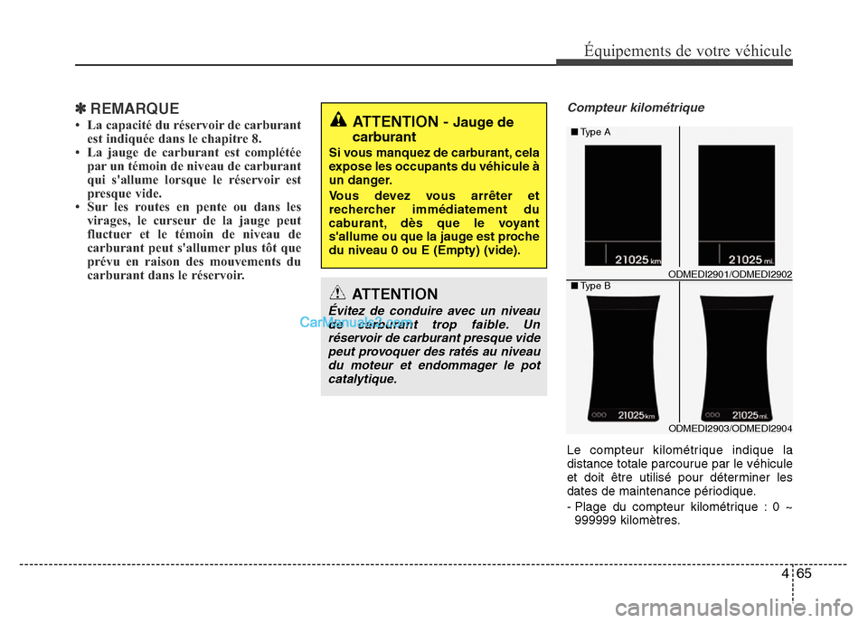 Hyundai Santa Fe 2013 Manuel du propriétaire (in French) 465
Équipements de votre véhicule
✽REMARQUE
• La capacité du réservoir de carburant
est indiquée dans le chapitre 8.
• La jauge de carburant est complétée
par un témoin de niveau de carb Hyundai Santa Fe 2013 Manuel du propriétaire (in French) 465
Équipements de votre véhicule
✽REMARQUE
• La capacité du réservoir de carburant
est indiquée dans le chapitre 8.
• La jauge de carburant est complétée
par un témoin de niveau de carb