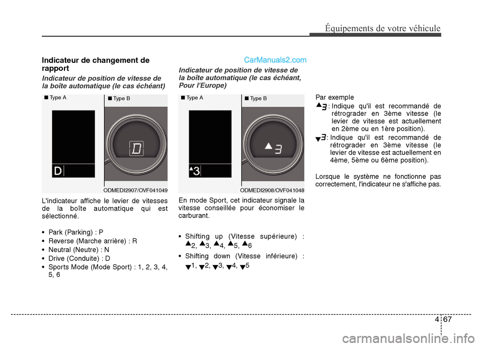 Hyundai Santa Fe 2013 Manuel du propriétaire (in French) 467
Équipements de votre véhicule
Indicateur de changement de
rapport
Indicateur de position de vitesse de
la boîte automatique (le cas échéant)
Lindicateur affiche le levier de vitesses
de la b Hyundai Santa Fe 2013 Manuel du propriétaire (in French) 467
Équipements de votre véhicule
Indicateur de changement de
rapport
Indicateur de position de vitesse de
la boîte automatique (le cas échéant)
Lindicateur affiche le levier de vitesses
de la b