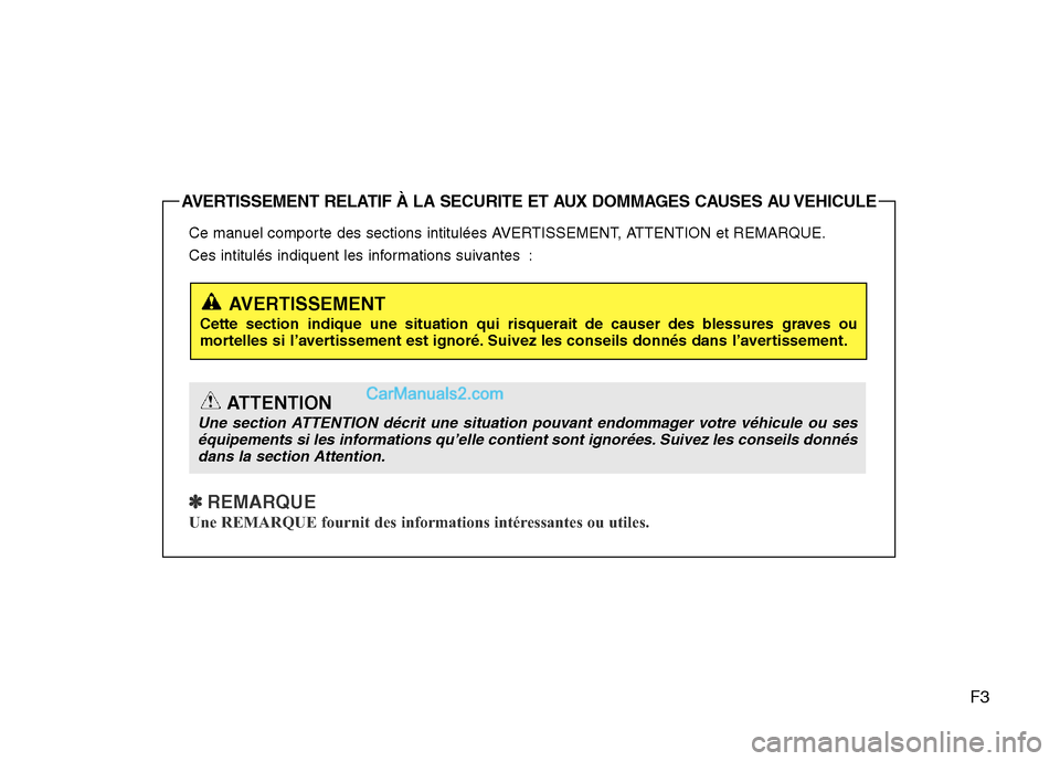 Hyundai Santa Fe 2013  Manuel du propriétaire (in French) F3
Ce manuel comporte des sections intitulées AVERTISSEMENT, ATTENTION et REMARQUE.
Ces intitulés indiquent les informations suivantes :
✽ REMARQUE
Une REMARQUE fournit des informations intéressa