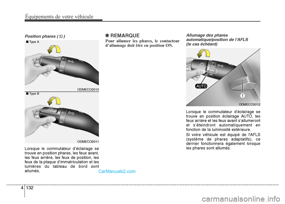 Hyundai Santa Fe 2013 Manuel du propriétaire (in French) Équipements de votre véhicule
132 4
Position phares ( )
Lorsque le commutateur d’éclairage se
trouve en position phares, les feux avant,
les feux arrière, les feux de position, les
feux de la pl Hyundai Santa Fe 2013 Manuel du propriétaire (in French) Équipements de votre véhicule
132 4
Position phares ( )
Lorsque le commutateur d’éclairage se
trouve en position phares, les feux avant,
les feux arrière, les feux de position, les
feux de la pl