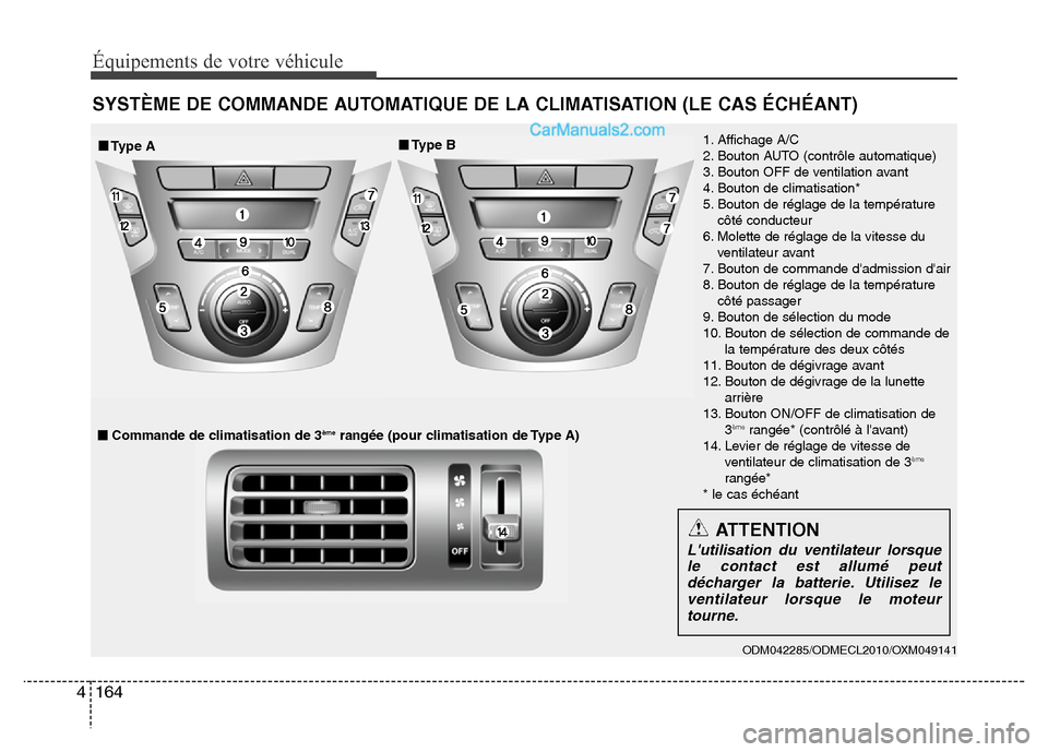 Hyundai Santa Fe 2013 Manuel du propriétaire (in French) 164 4
Équipements de votre véhicule
SYSTÈME DE COMMANDE AUTOMATIQUE DE LA CLIMATISATION (LE CAS ÉCHÉANT)
ODM042285/ODMECL2010/OXM049141
1. Affichage A/C
2. Bouton AUTO (contrôle automatique)
3. Hyundai Santa Fe 2013 Manuel du propriétaire (in French) 164 4
Équipements de votre véhicule
SYSTÈME DE COMMANDE AUTOMATIQUE DE LA CLIMATISATION (LE CAS ÉCHÉANT)
ODM042285/ODMECL2010/OXM049141
1. Affichage A/C
2. Bouton AUTO (contrôle automatique)
3.