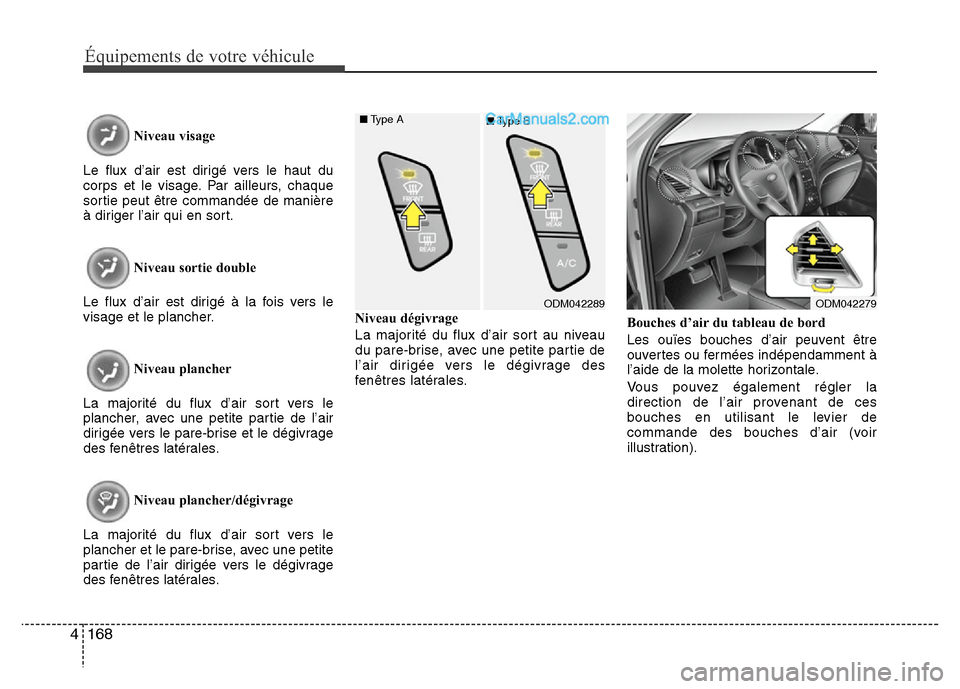 Hyundai Santa Fe 2013  Manuel du propriétaire (in French) 168 4
Équipements de votre véhicule
Niveau visage 
Le flux d’air est dirigé vers le haut du
corps et le visage. Par ailleurs, chaque
sortie peut être commandée de manière
à diriger l’air qu