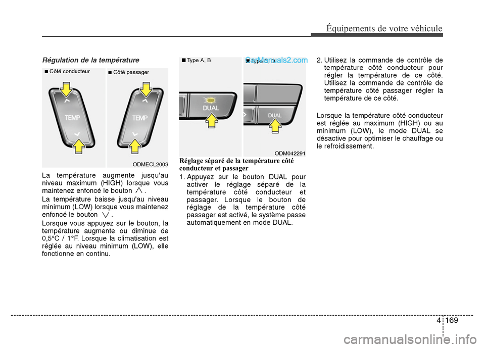 Hyundai Santa Fe 2013  Manuel du propriétaire (in French) 4 169
Équipements de votre véhicule
Régulation de la température
La température augmente jusquau
niveau maximum (HIGH) lorsque vous
maintenez enfoncé le bouton  .
La température baisse jusqua