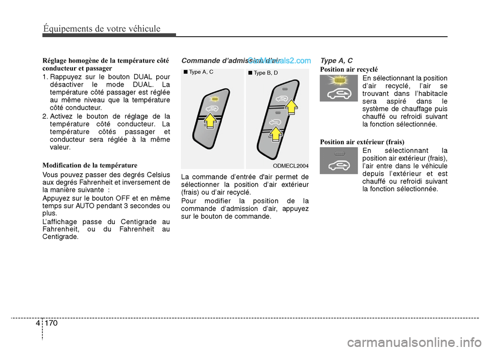 Hyundai Santa Fe 2013  Manuel du propriétaire (in French) 170 4
Équipements de votre véhicule
Réglage homogène de la température côté
conducteur et passager
1. Rappuyez sur le bouton DUAL pour
désactiver le mode DUAL. La
température côté passager 