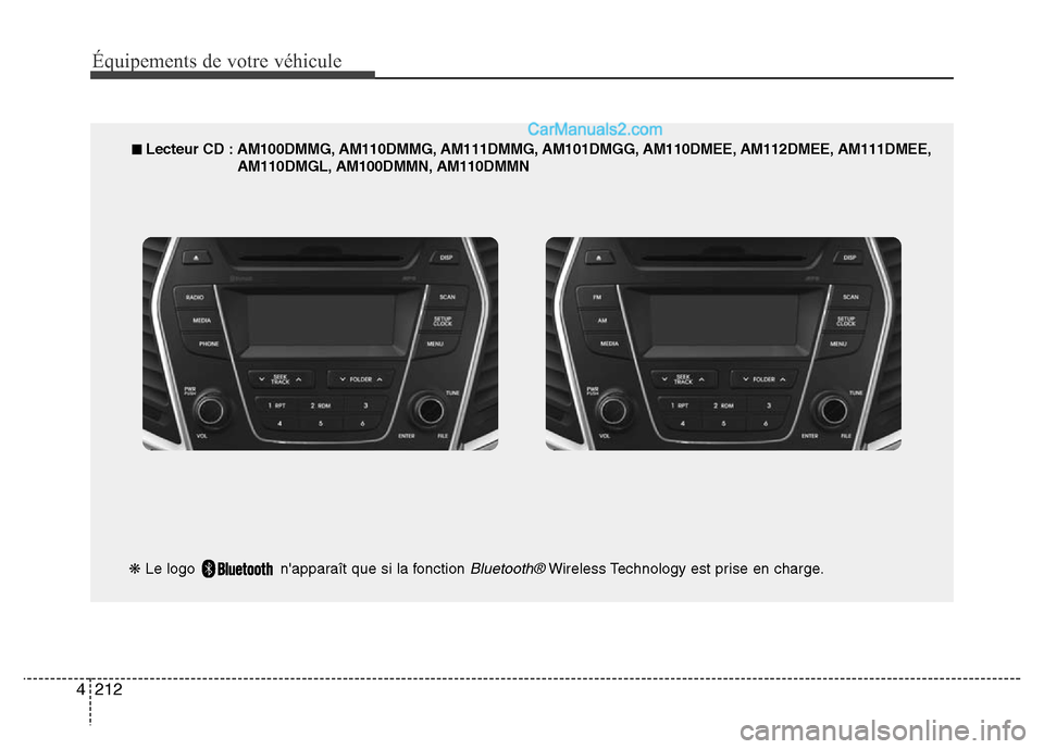 Hyundai Santa Fe 2013  Manuel du propriétaire (in French) 212 4
Équipements de votre véhicule
■ Lecteur CD : AM100DMMG, AM110DMMG, AM111DMMG, AM101DMGG, AM110DMEE, AM112DMEE, AM111DMEE,
AM110DMGL, AM100DMMN, AM110DMMN
❋Le logo  napparaît que si la fo