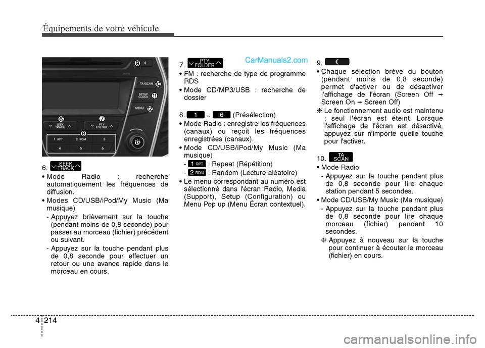 Hyundai Santa Fe 2013 Manuel du propriétaire (in French) 214 4
Équipements de votre véhicule
6.
• Mode Radio : recherche
automatiquement les fréquences de
diffusion.
• Modes CD/USB/iPod/My Music (Ma
musique)
- Appuyez brièvement sur la touche
(penda Hyundai Santa Fe 2013 Manuel du propriétaire (in French) 214 4
Équipements de votre véhicule
6.
• Mode Radio : recherche
automatiquement les fréquences de
diffusion.
• Modes CD/USB/iPod/My Music (Ma
musique)
- Appuyez brièvement sur la touche
(penda