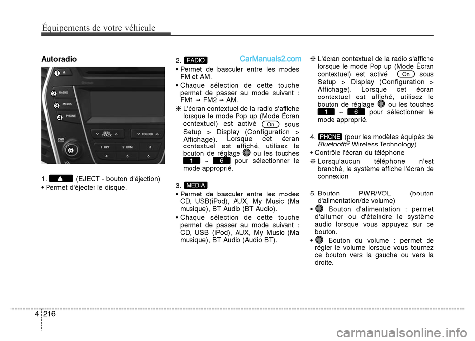 Hyundai Santa Fe 2013 Manuel du propriétaire (in French) 216 4
Équipements de votre véhicule
Autoradio
1. (EJECT - bouton déjection)
• Permet déjecter le disque.2.
• Permet de basculer entre les modes
FM et AM.
• Chaque sélection de cette touch Hyundai Santa Fe 2013 Manuel du propriétaire (in French) 216 4
Équipements de votre véhicule
Autoradio
1. (EJECT - bouton déjection)
• Permet déjecter le disque.2.
• Permet de basculer entre les modes
FM et AM.
• Chaque sélection de cette touch