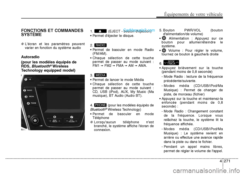 Hyundai Santa Fe 2013 Manuel du propriétaire (in French) 4271
Équipements de votre véhicule
FONCTIONS ET COMMANDES
SYSTÈME
❈ Lécran et les paramètres peuvent
varier en fonction du système audio
Autoradio
(pour les modèles équipés de
RDS,
Bluetoo Hyundai Santa Fe 2013 Manuel du propriétaire (in French) 4271
Équipements de votre véhicule
FONCTIONS ET COMMANDES
SYSTÈME
❈ Lécran et les paramètres peuvent
varier en fonction du système audio
Autoradio
(pour les modèles équipés de
RDS,
Bluetoo